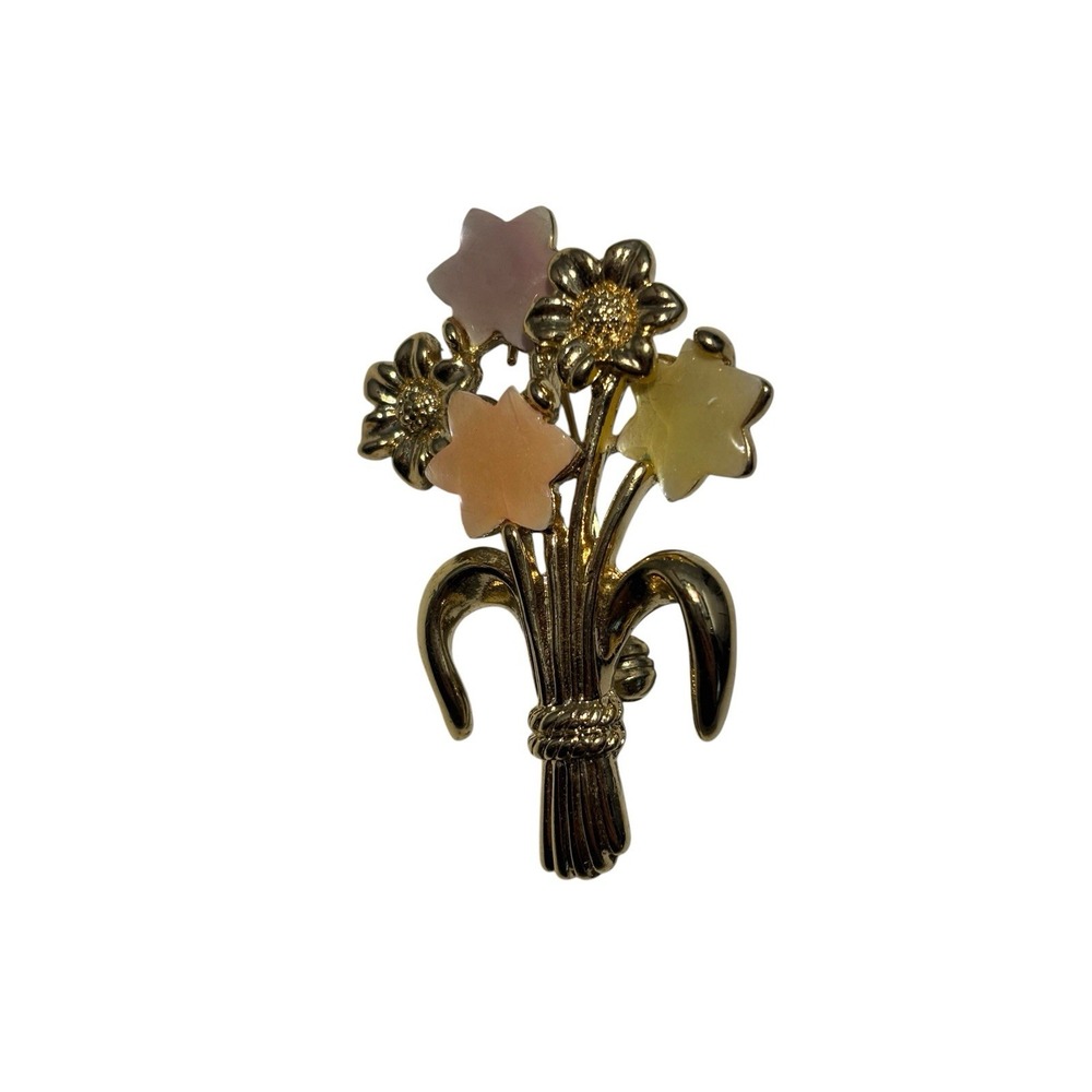 Vintage Gold Tone  Pastel Enamel Flowers Floral Bouquet Brooch Pin